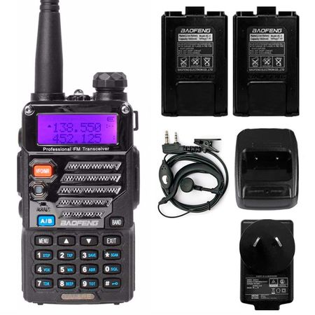 Handy Baofeng UV-5RE Bi-Banda 5w 128CH Hasta 10km + 2 Baterías y Manos Libres