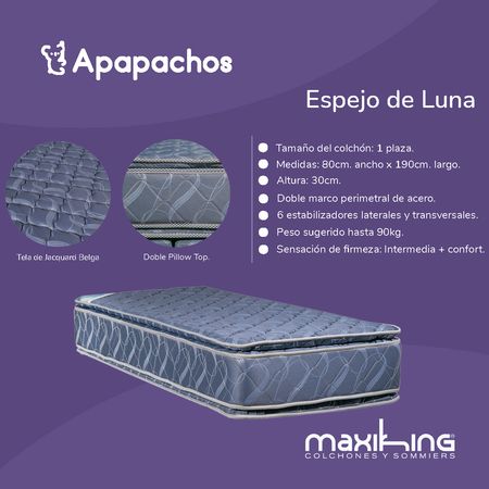 Colchon Maxiking Espejo de Luna 1 Plaza 80x190x30 de Resortes Bonnell Doble Pillow de Jackard