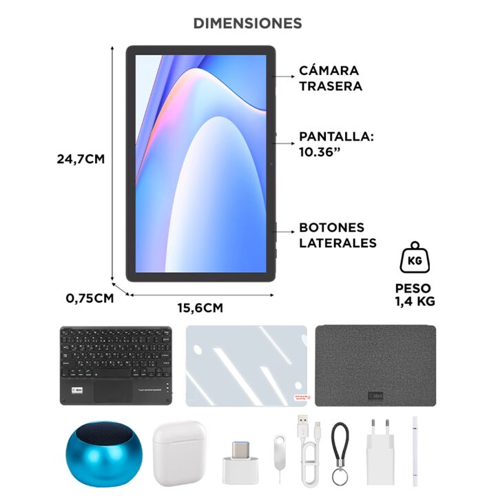 Tablet Gadnic 10.36" RAM 4GB Almacenamiento 64GB Android 10 Qualcomm Snapdragon 615 WiFi Bluetooth USB C - Vista 7