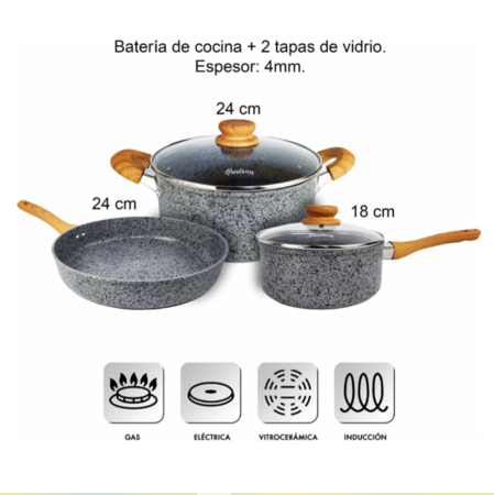 Bateria Granito Stone Forjado Antiadherente 3 Piezas Color Gris