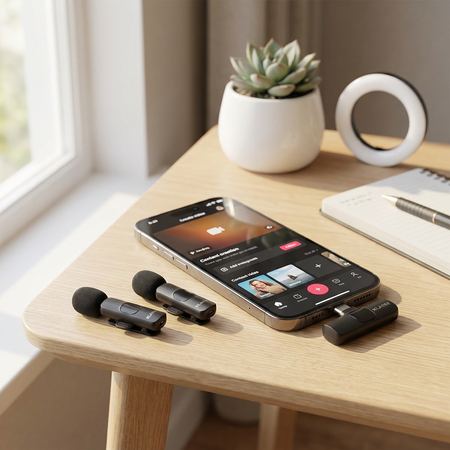 Set x2 Micrófonos Corbateros Inalámbricos Plug & Play para Celular Klasse USB-C + Lightning (KS5101)