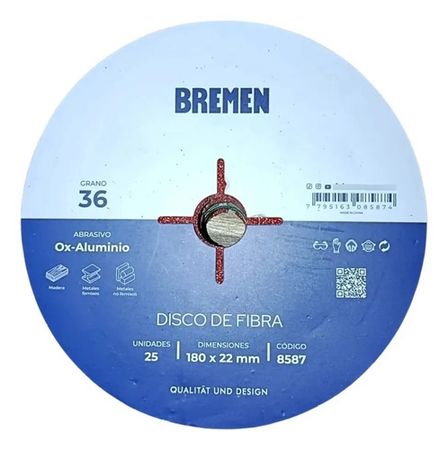 Disco de Fibra Bremen 7 Pulgadas 180mm Grano 36 Óxido Aluminio 25 Piezas