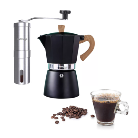 Set Cafetera Moka Italiana Más Molinillo Manual Ainox Waggs Negro