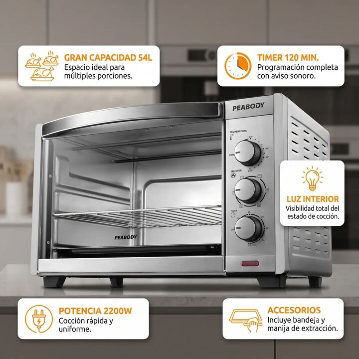 Horno Eléctrico 54 Lts Peabody Pe-he55s Conveccion 2200w Luz - Vista 2