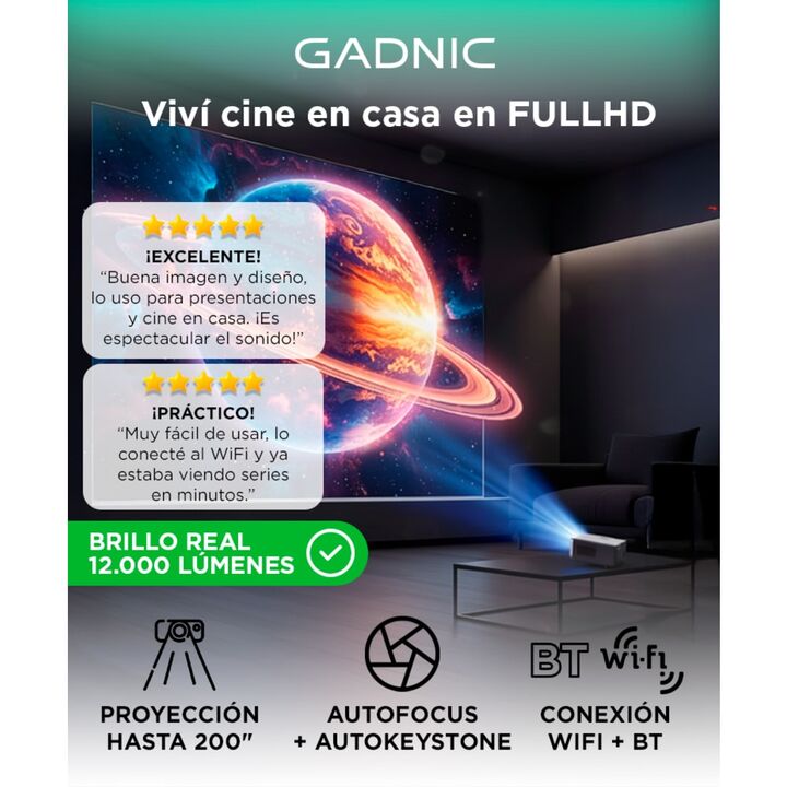 Proyector Gadnic Inalámbrico 12.000 Lúmenes Google TV Auto Keystone AutoFocus WiFi BT - Vista 2