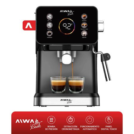 Cafetera Expreso Aiwa Cook AWK-CE500N 20 Bar 1050W Panel Digital Táctil Deposito De Agua 1.5 Litros Diferentes Estilos De Café Modo Frio Espumador Vaporizador De Leche Calentador De Tazas