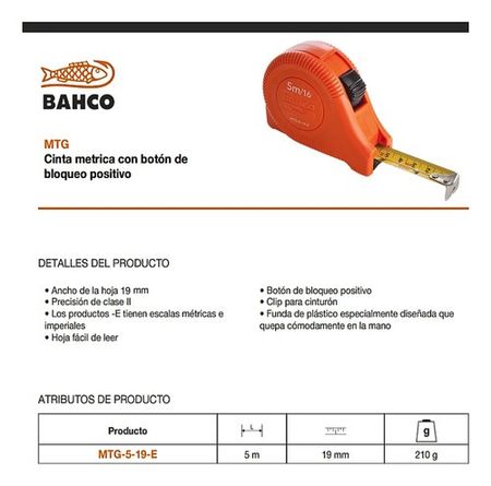 Cinta Métrica Bahco 5 Metros Milimetro y Pulgada