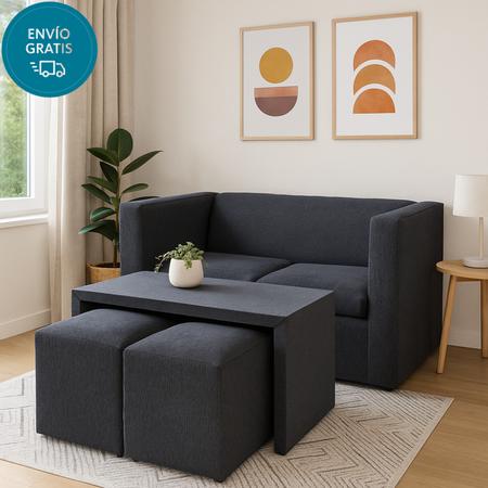 Juego De Living Moderno Combo Sillon+ Mesa + 2puff Tapizado Chenille