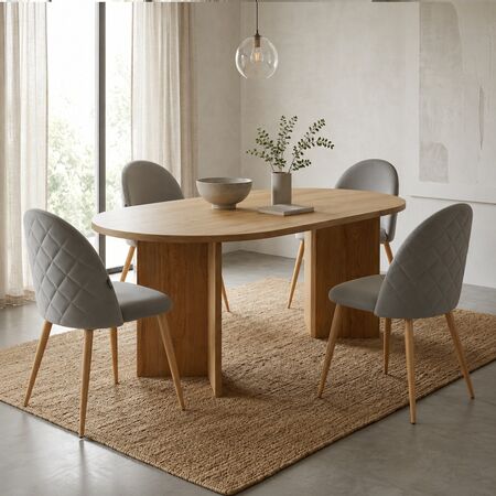Combo Mesa Zaragoza 160x80 + 4 Sillas Cheers Tapizadas en Pana Gris