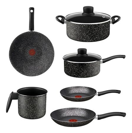 Set 8 Piezas Tefal Stone Effect Olla Cacerola Sarten Jarro Negro
