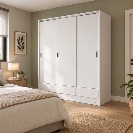 Placard Alto de 180 cm con 3 Puertas Corredizas y 3 Cajones Blanco Veta