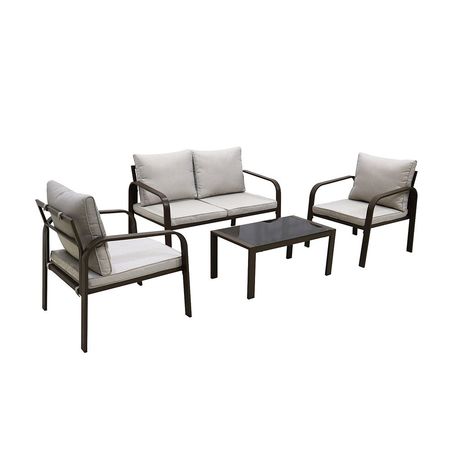 Set de Living Fravega Home 4 Piezas en Acero con Cojines y Mesa de Vidrio