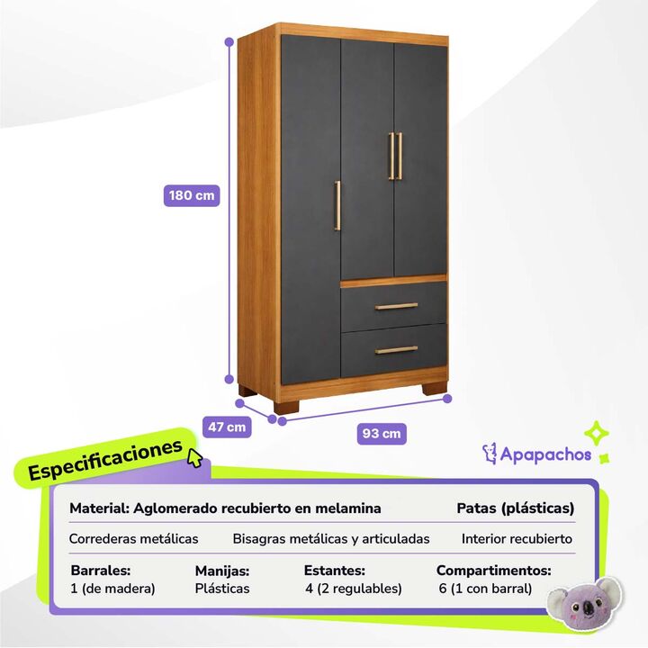 Placard Ropero Reforzado de 3 Puertas 2 Cajones Grafito Teca Maximo Fortaleza - Vista 3