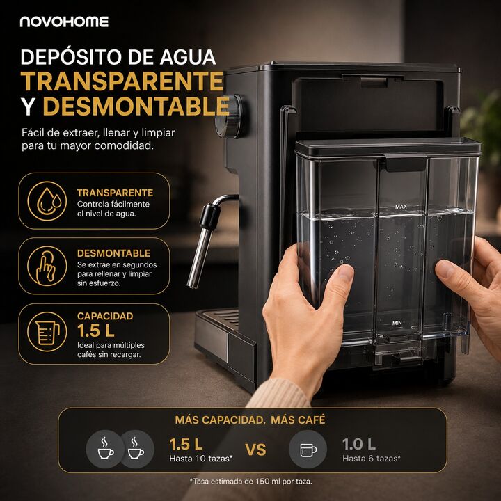Cafetera Expresso 3 en 1 C/vaporizador Novohome 1.5l 20 Bar - Vista 5