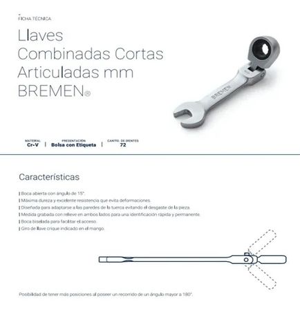 Llave Combinada Bremen 12mm Corta Movible con Crique