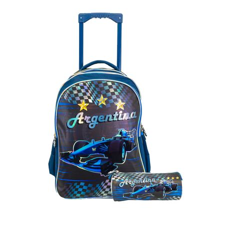 Mochila Carrito Escolar Reforzada + Cartuchera Nene Varon Con Ruedas F1 3 Estrellas