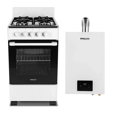 COMBO: Cocina Philco Multigas 50cm Blanca PHCN50B + Calefón Philco Inverter 14L Tiro Forzado Pilotless PHCA14B