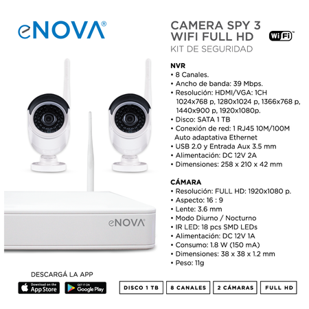 Combo camara seguridad eNova wifi NVR 8CH  2CAM 1080p  1TB