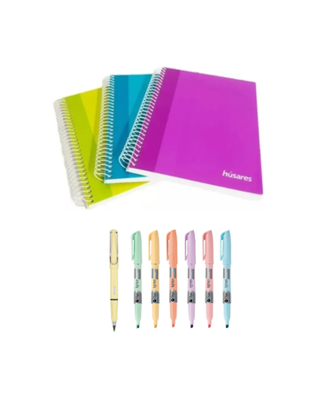 Lápiz infinito + 6 resaltadores+ 3 cuadernos