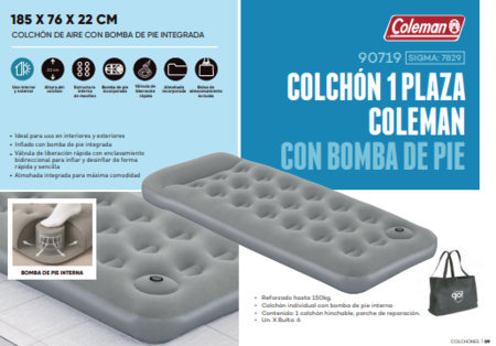 COLCHON 1 PLAZA COLEMAN - C/ BOMBA DE PIE 185 X 76 X 22 CM
