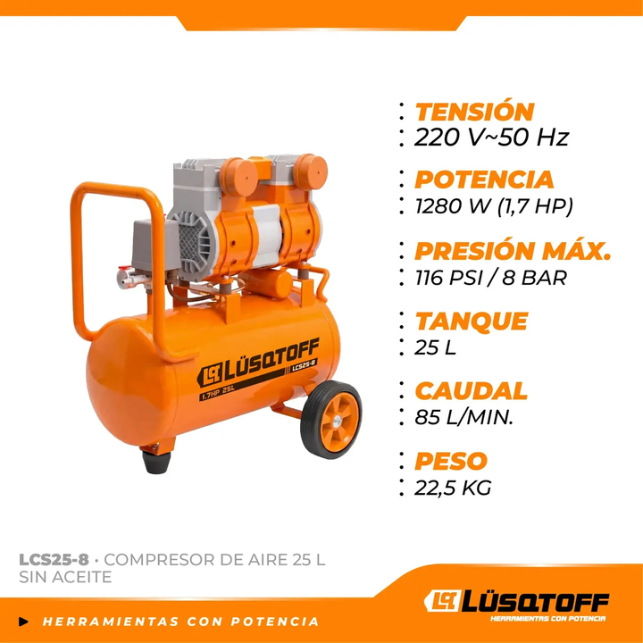 Compresor de Aire 25L Lusqtoff LCS25-8 Sin Aceite Silencioso 1.7Hp - Vista 2