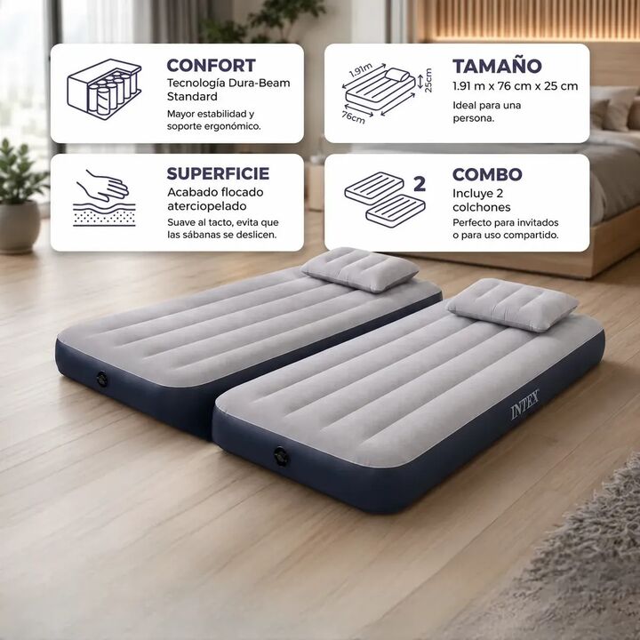 Colchón Inflable 1 Plaza X2 Intex Classic Almohadas Inflador - Vista 3
