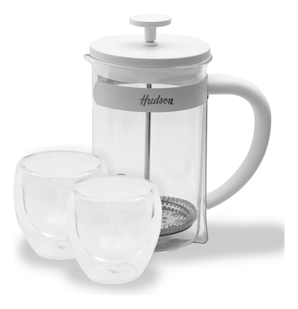 Set Hudson Cafetera Embolo 600 Ml + 2 Vasos Vidrio Doble