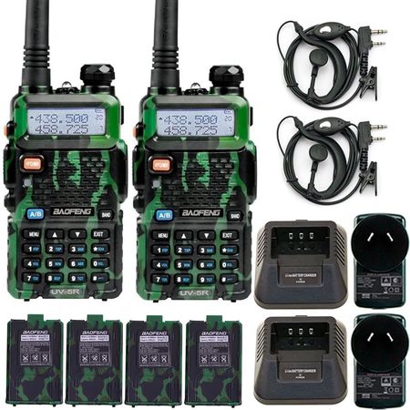 Handy Baofeng UV-5R 8w Camuflado Bi-Banda Kit x2 Hasta 12km + 4 Baterías y 2 Manos Libres