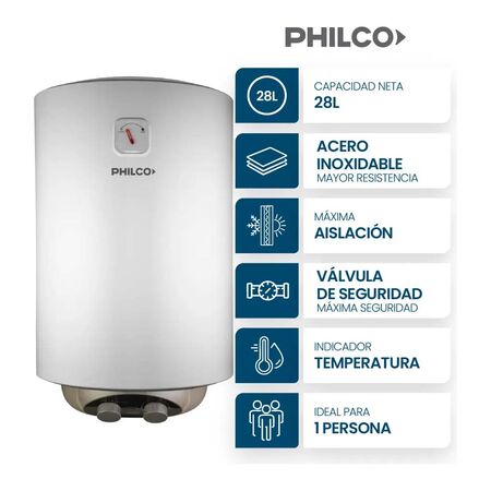 TERMOTANQUE ELECTRICO PHILCO DE 28 LITROS CONEXION INFERIOR 1500 W