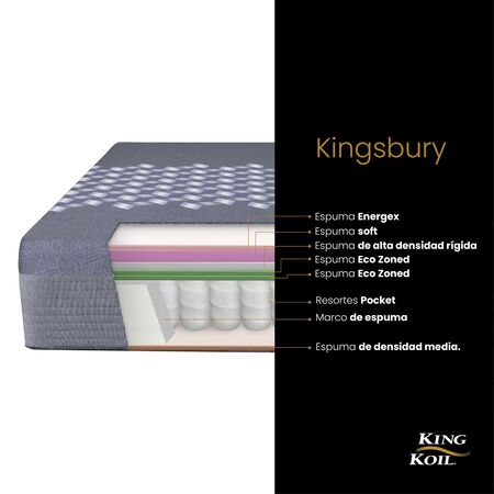 Colchon King Koil Kingsbury 2 Plazas y Media 140x190 De Resortes Pocket con Espuma Inteligente
