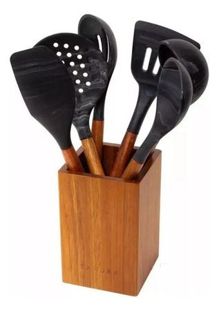Set Utensilios Sakura 7 Piezas Phuket De Acacia Y Silicona Negro