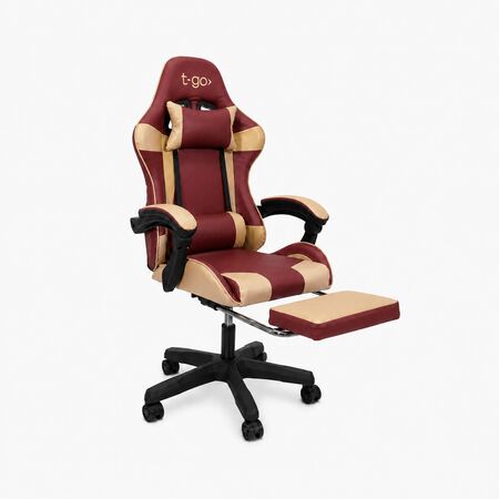 Silla Gamer T-GO Ergonómica Reclinable + Apoya Pies Bordó con Dorado