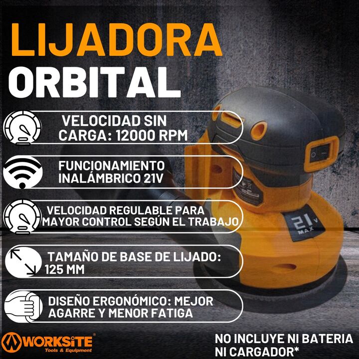 Lijadora Orbital Inalambrica Worksite 12000 Rpm 125mm - Vista 3