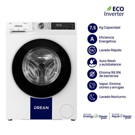 Lavarropa Carga Frontal 7.5 Kg Blanco 1000 Rpm Inverter Drean  Lfdr0710isb0