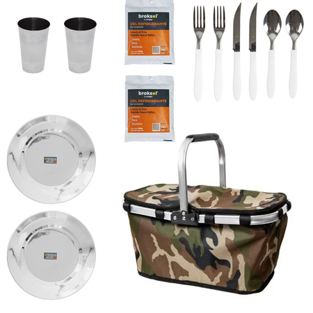 SET CAMPING CANASTA CONSERVADORA camuflada VAJILLA Y REFRIGERANT