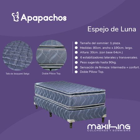Sommier y Colchon Espejo de Luna 1 Plaza 80x190x30 de Resortes Bonnell Doble Pillow de Jackard