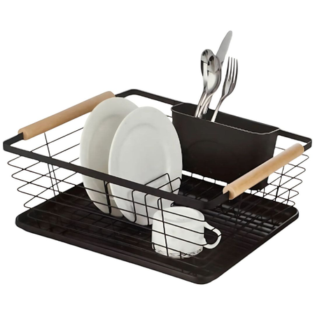 Escurridor Secaplatos Con Bandeja Porta Cubiertos Asa Madera
