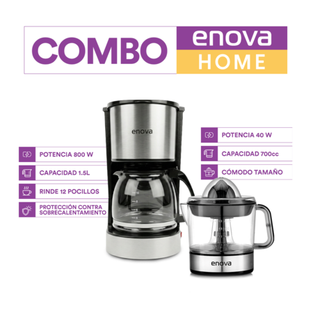 Combo Cafetera de filtro enova 1.5L Negro & Exprimidor eléctrico enova 700cm3 40W Negro