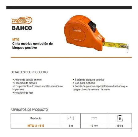 Cinta Métrica Bahco 3 Metros con Pulgadas