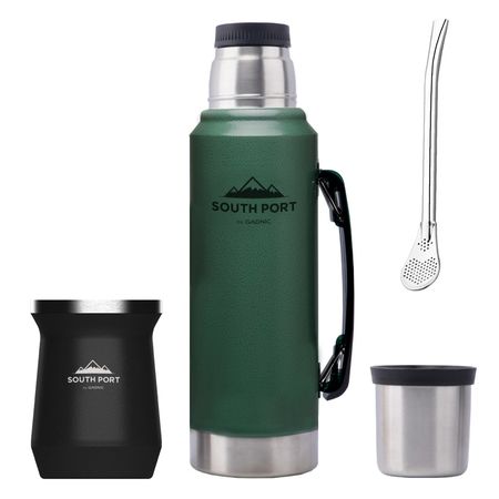 Kit de Termo Verde 1L, Mate Negro y Bombilla South Port Acero Inoxidable