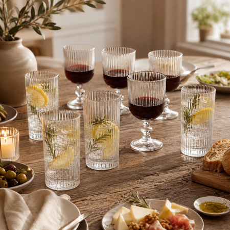 Set x8 Vasos Vidrio Altos Tragos y Copas con pie Labrado Aston