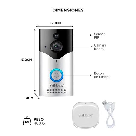 Timbre Inteligente Inalambrico Srihome DH002 4MP Wifi Con Camara HD Vision Nocturna Audio Bidireccional