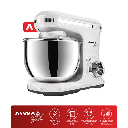 Batidora De Pie Planetaria Digital 3 en 1 Aiwa Bowl Acero Inoxidable 5,2 Blanca