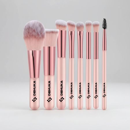 Set 8 Brochas Maquillaje Dehuka Con Estuche Compacto Color Rosa