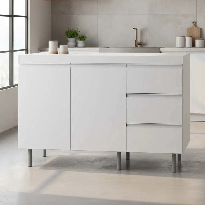 Bajomesada Cocina 120CM Blanco 3 Cajones Melamina Aluminio RICCHEZZE - Vista 1