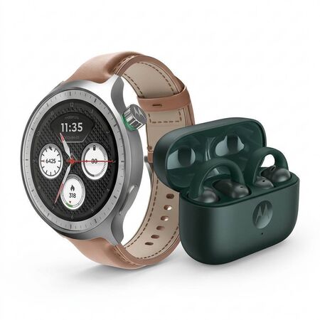 Combo Smartwatch Moto Watch 1.4 Pulgadas Cuero Marrón + Auriculares Moto Buds Loop Verde PG38C08260-PG38C07164