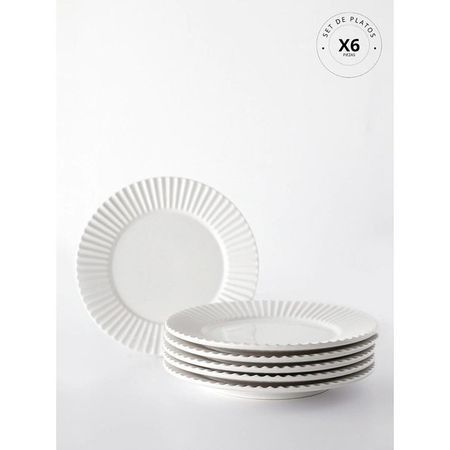 Set 6 platos playos Porto Brasil Plissé Porcelana Blanco 26