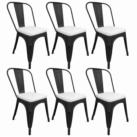 COMBO: 6 Sillas Metálicas Tolix Negro Mate + 6 Almohadones Cuerina Dalton Blanco C/Cierre