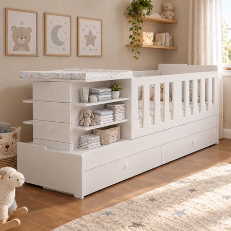 CAMA CUNA PARA BEBE FUNCIONAL BLANCA CON BARANDAS CAMBIADOR Y CAJONERA LAURINA