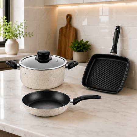Batería Cocina Olla Cacerola Sarten Bifera Grill Antiadherente Aston Dots